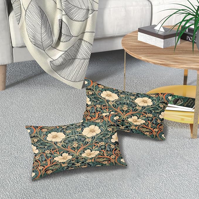 Vintage Floral Lumbar Pillow Covers 12X20 Inch Orange Whtie Green Toile Flowers Pillow Cases Chinoiserie Aesthetic Tapestry Linen Cushion Case Farmhouse Home Decor For Sofa Couch Porch Outdoor Pack 2