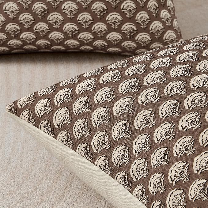 MIULEE Fall Floral Print Decorative Pillow Covers 18x18, Chocolate Brown | Vintage Boho Farmhouse Modern Home Decor, Set of 2, Block Print Cushion Covers for Couch Sofa Bed Living Room