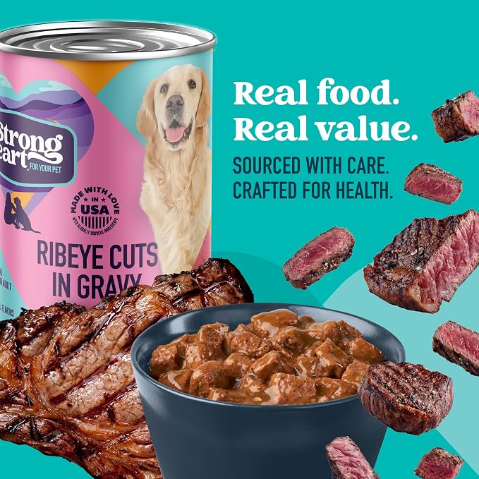 A Strong Heart Ribeye Flavor Cuts in Gravy, 13.2oz Cans, 12pk | Real beef, complete & balanced all life stages, Made in USA, savory gravy
