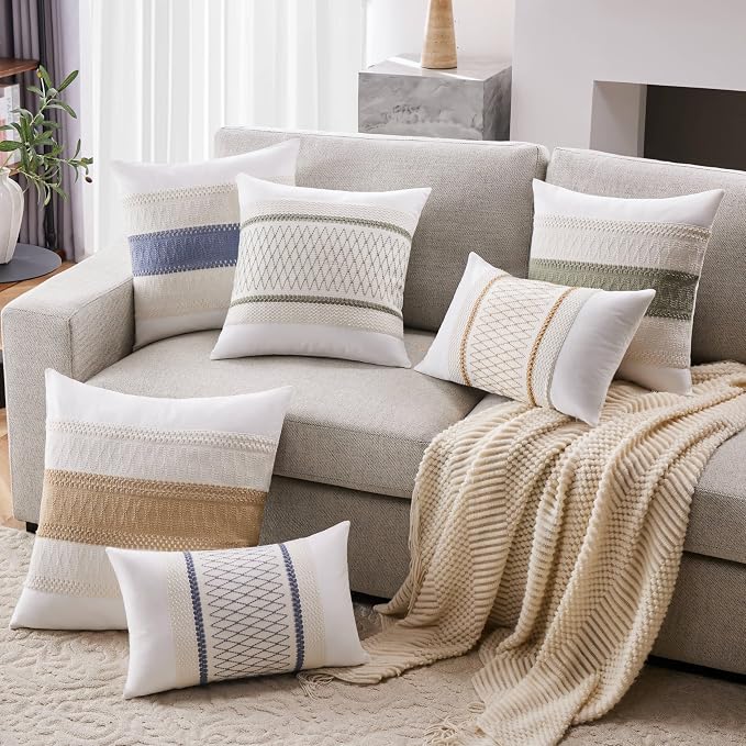 2pk Boho Pillow Covers 20x20, Natural White/Contrast/Green | 100% Organic Cotton Body, Stripe Embroidery, Farmhouse Decorative Cushion Covers for Sofa Bed Living Room Home Decor