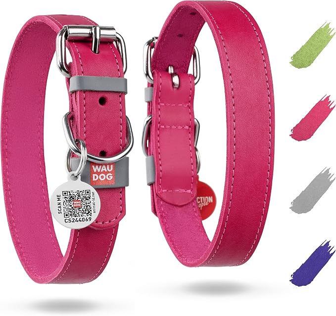 WAUDOG Genuine Leather Dog Collar Adjustable Large Medium Small QR Code Tag