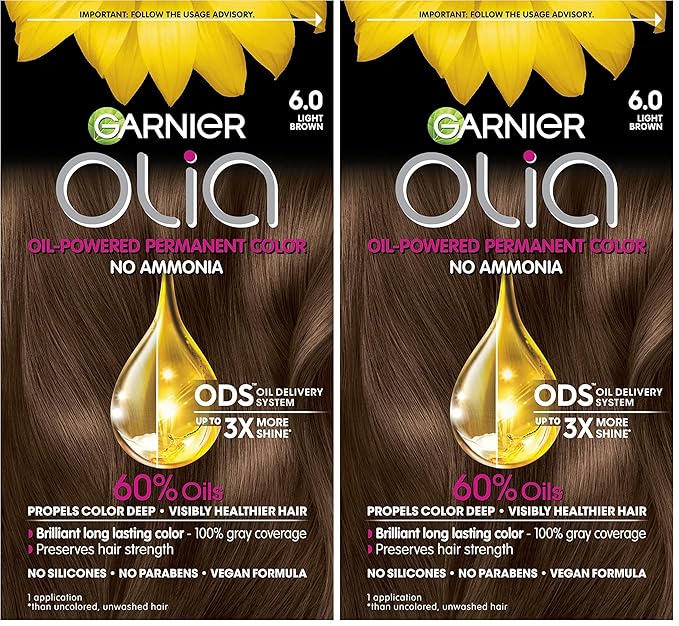 Garnier Hair Color Olia Ammonia-Free Brilliant Color Oil-Rich Permanent Hair Dye, 6.0 Light Brown, 1 Count (Packaging May Vary) (Pack of 2)