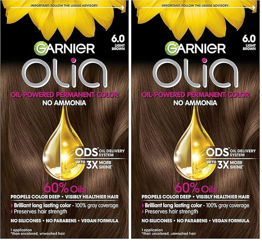 Garnier Hair Color Olia Ammonia-Free Brilliant Color Oil-Rich Permanent Hair Dye, 6.0 Light Brown, 1 Count (Packaging May Vary) (Pack of 2)
