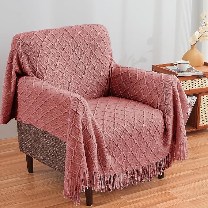 inhand Coral Pink Knitted Throw Blanket for Couch and Bed, 60"x80" | Gifts for Mom from Daughter Son, Soft Lightweight with Tassel, Farmhouse Warm Decorative Blanket for Women, Cozy Knit