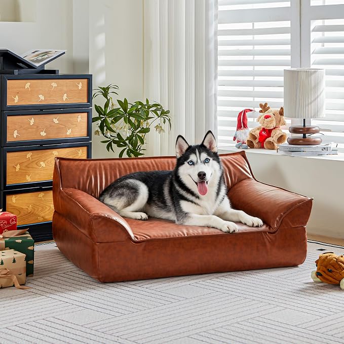Large Leather Dog Sofa Pet Bed Couch for Large and Medium Dogs Under 70 lbs | Brown Luxurious Vintage Elevated Dog Sofa, Chaise Indoor Furniture Style Pet Supplies Low Maintenance