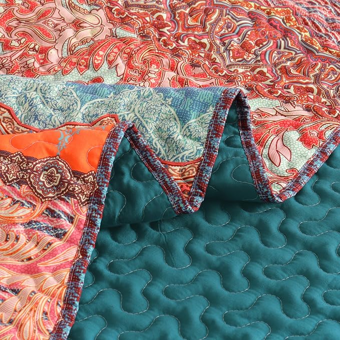 Exclusivo Mezcla Reversible Boho Quilted Throw Blanket, 50"x 60" | Lightweight Summer Quilt Throw, Designed for Bed/ Couch/ Sofa, Teal and Orange Striped Pattern