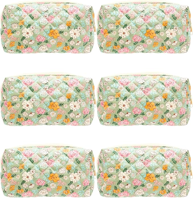 PAZIMIIK Small Quilted Makeup Bag,Zipper Cosmetic Pouch,Green Floral,6 Pack | Lightweight Cosmetic Bag Organizer for Women,Purse Storage Holds Makeup,Toiletries,Skincare,Beauty Essentials,Travel Items