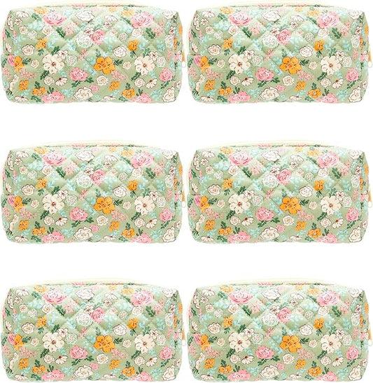 PAZIMIIK Small Quilted Makeup Bag,Zipper Cosmetic Pouch,Green Floral,6 Pack | Lightweight Cosmetic Bag Organizer for Women,Purse Storage Holds Makeup,Toiletries,Skincare,Beauty Essentials,Travel Items