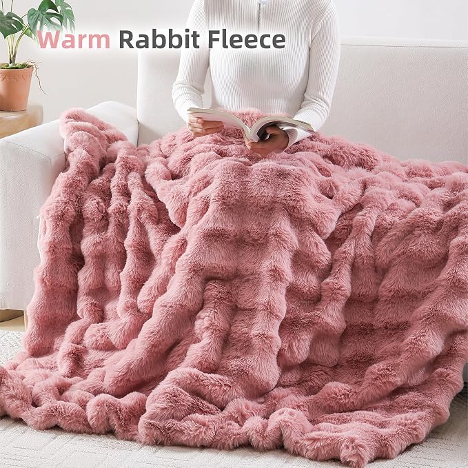 Faux Rabbit Fur Throw for Couch - Old Pink Bubble Blanket 50"x60" | Fluffy Plush Fuzzy Throw for Sofa & Bed, Super Soft Cozy Comfrt Blanket, Luxury Aesthetic Pink Decor Gift for Women