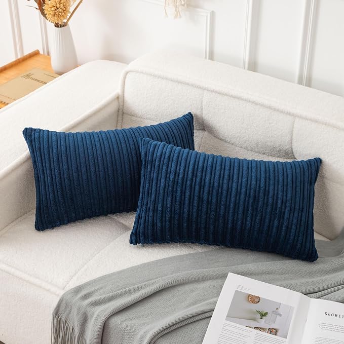 UGS UGASA Pack of 2, Velvet Pillow Covers Striped, Soft Textured Throw Cushion Case Set, Accent Corduroy Lumbar Pillowcases with Hidden Zipper for Home Decor Indoor Outdoor (12"x20", Navy Blue)