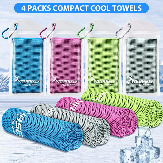 SYOURSELF Cooling Towels for Neck and Face, 4 Pack 40" x 12" Cooling Towel for Hot Weather, Soft Breathable Instant Cool Chilly Pad for Sports Golf Yoga Gym Athletes Camping Ice Towels