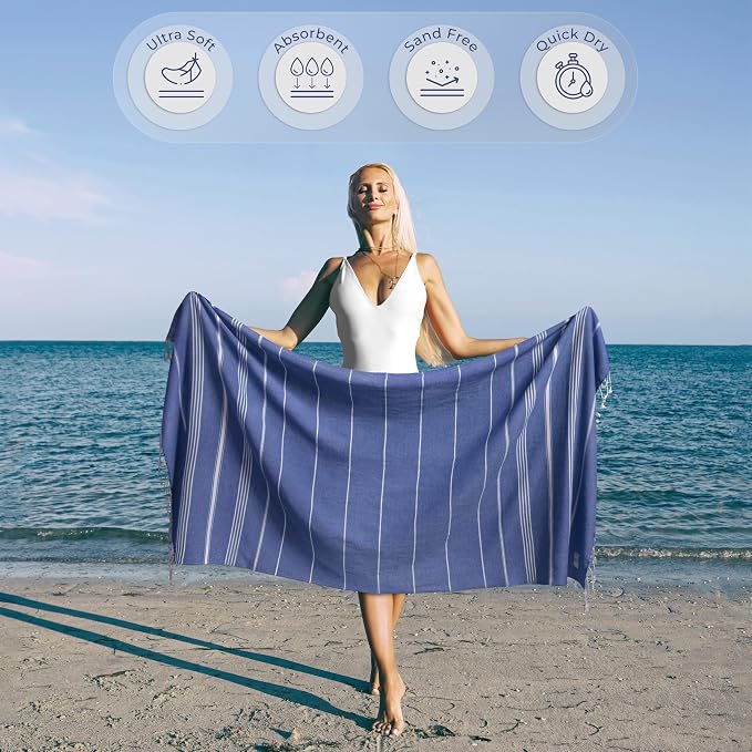 Ossano Turkish Beach Towel Compact & Luxury Extra Large (39" x 71") - Quick Dry, Versatile and Functional as Yoga Mat, Airplane and Travel Blanket, Bath and Body Towels - Sax Blue