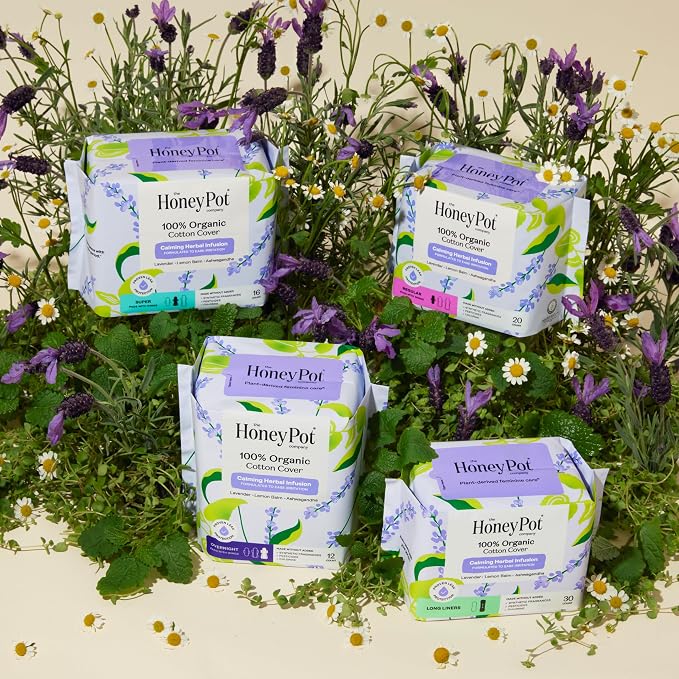 Honey Pot - Calming Herbal Bundle - Sanitary Pads for Women - 100% Organic Cotton - Feminine Care - Non Cooling - Calming Herbs of Lavender, Ashwagandha, & Lemon Balm