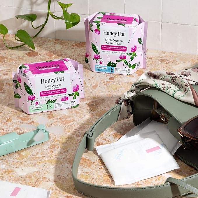 Honey Pot - Perimenopause Long Panty Liners for Women - 100% Organic Cotton Top Sheet - Feminine Care - Multi-Fluid Absorbency - Harmonizing Herbs of Black Cohosh, Clary Sage, & Red Clover - 30ct