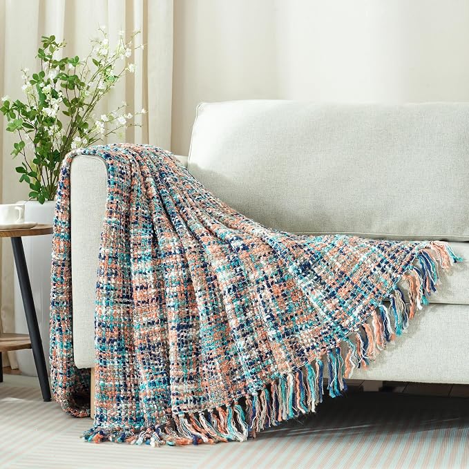 Multi-Color Cable Woven Throw Blanket for Couch - 50"X60" | Multicolored Boho Style,Super Soft Warm Cozy Chunky Blankets with Decorative Tassels for Bed and Sofa,Pink