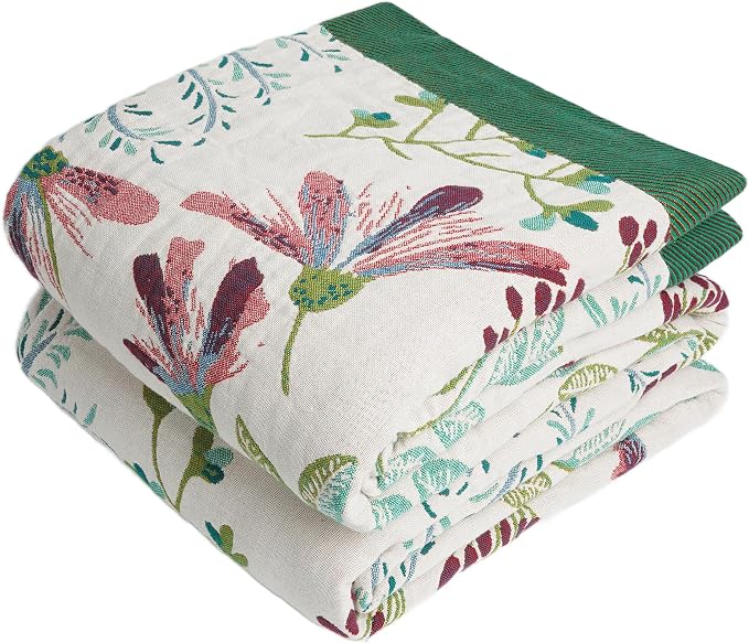 VANJOROY Boho Throw Blanket, 100% Organic Cotton Breathable Ultra Soft 91" x 108" King Bed Quilt Throw - All Season Floral Rustic Farmhouse Decor Luxury Blanket for Sofa Couch Chair and Gift