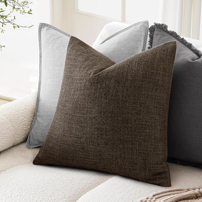 MIULEE Pack of 2 Decorative Linen Burlap Pillow Covers Farmhouse Boho Accent Pillowcases Home Decor for Couch Sofa Bedroom Living Room 20x20 Inch Dark Brown