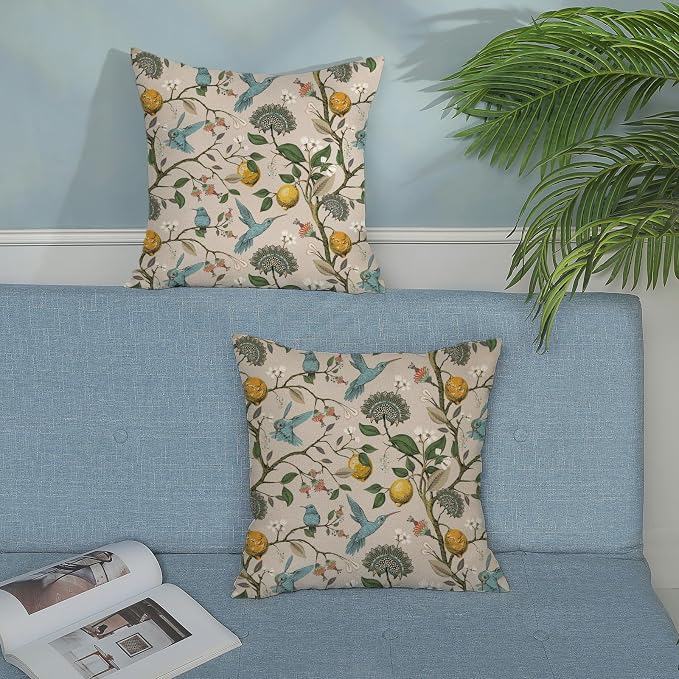 Chinoiserie Pillow Covers 20x20 Set of 2 Blue Green Bird Floral Throw Pillows Vintage Yellow Lemon Flowers Decorations Pillowcase Outdoor Chinoiserie Decor Linen Cushion Case for Couch Home