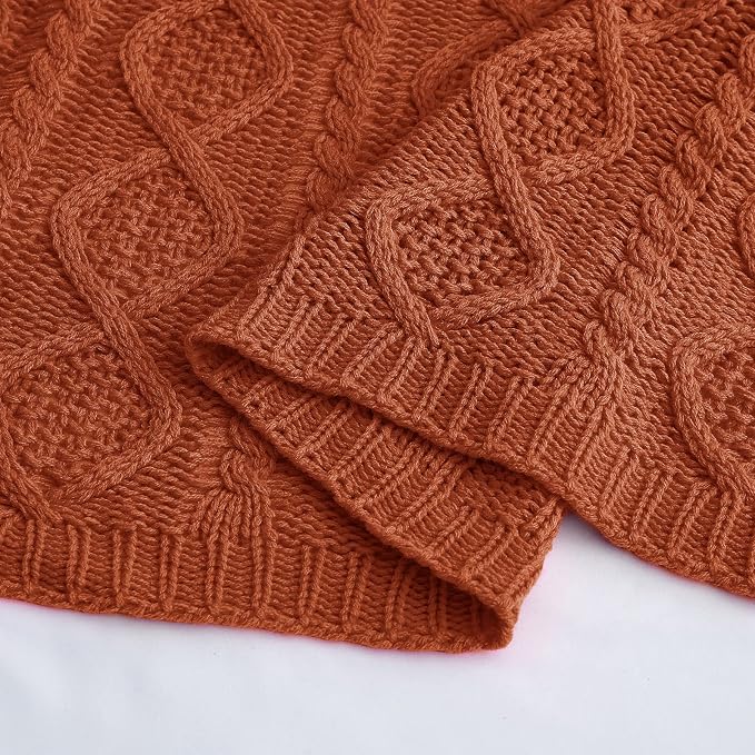 Homiest Rust Cable Knit Throw Blanket Set of 3, with 2 Pillow Covers | Pure Acrylic, Lightweight & Breathable, All-Season Use, Machine Washable, Wrinkle & Fade Resistant, for Couch Bed And Sofa