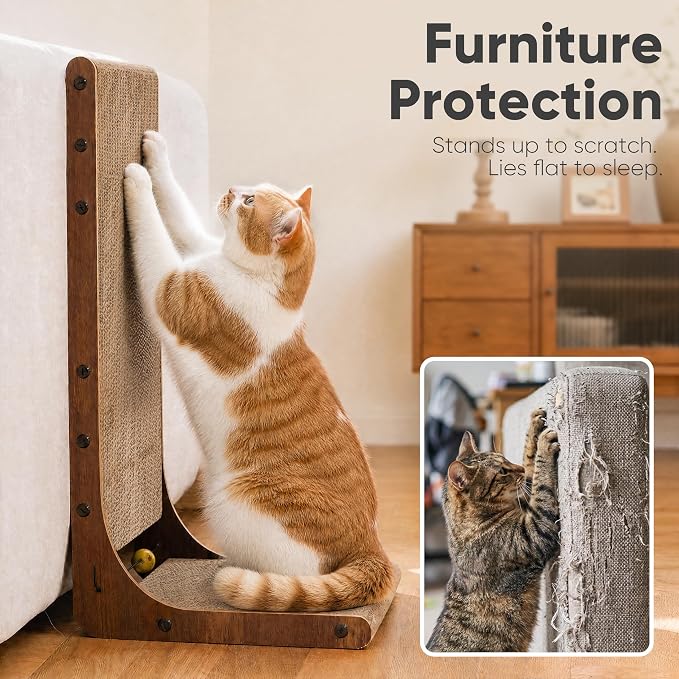 FUKUMARU Cat Scratcher 2 Packs, 25 Inch Cat Scratching Boards, L Shaped Pad | Cardboard Cat Scratcher for Indoor Cats, Vertical Scartch Pads with Ball Toy, Kitten Scratching Post Wall, Walnut Color