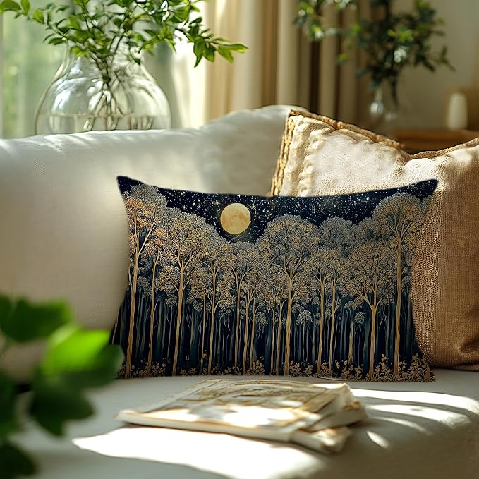 Rustic Dark William Morris Night Forest Moon Decor Pillow Covers 20x12,Vintage Gold Botanical Nature Landscape Decorative Throw Pillow Covers for Home Bedroom Living Room