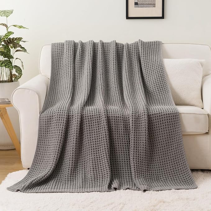 Grey Throw Blanket for Couch, Soft Knitted Chenille Throw Blanket 60"x80" | Chunky Waffle Knit Throw Blanket, Light Gray Throw Blanket for Bed Sofa Living Room, Modern Farmhouse Knitted Style