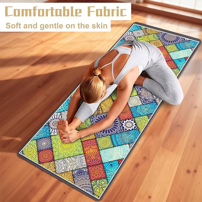 Hot Yoga Towel Non Slip, Ultra-Absorbent Yoga Mat Towel, Soft with Printed Design, Machine Washable, Yoga Pilates Towel Suitable for Exercise, Pilates, Yoga, 72x27in,Grid Mandala