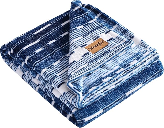 Wrangler - Blanket, Super Soft Sherpa Bedding, Yellowstone Inspired Throw Blanket for Couch or Bed (Logan Stripe Blue, 50" x 60")