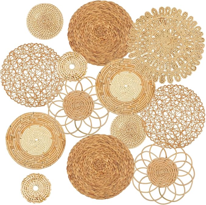 Glenmal 13 Pcs Boho Wall Basket Decor Set Woven Rattan Seagrass,Classic | Handmade Flat Baskets for Bedroom Living Room Office, Wicker Bamboo Seagrass Hanging Art, Farmhouse Gallery Ready to Hang