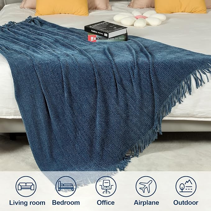 Blagic Chenille Throw Blanket for Couch and Bed,Dark Blue,50"x60" | Soft Farmhouse Boho Throw Blanket with Tassels,Decorative for Living Room,Stripe Textured Throws for Bed/Chair/Sofa