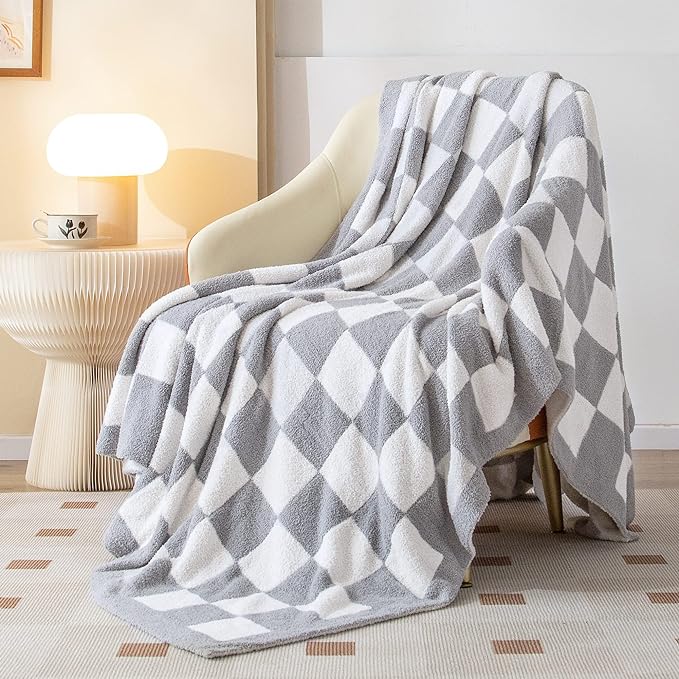 SeaRoomy Fuzzy Checkered Throw Blanket for Couch,Light Grey 60"X79" | Warm,Cozy,Fluffy,Lightweight,Gift for Women Couch Sofa Bed Room Decor