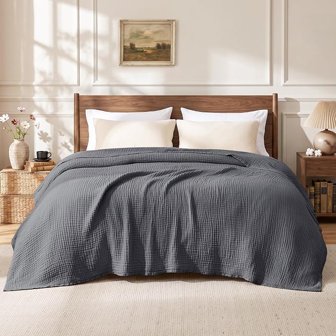 Love's cabin 100% Cotton Muslin Blanket, 6 Layer Lightweight Breathable Gauze Queen Size Blanket 90 x 90 Inches, Soft All Season Blanket for Bed, Dark Grey