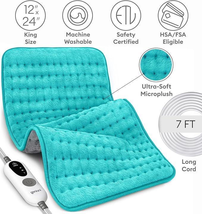 GENIANI Electric Heating Pad for Back Pain & Cramps Relief, Electric Throw, Self Care Gifts for Women, Heating Pad for Neck & Shoulder, Machine Washable Microplush, Auto Shut Off (12×24", Green)
