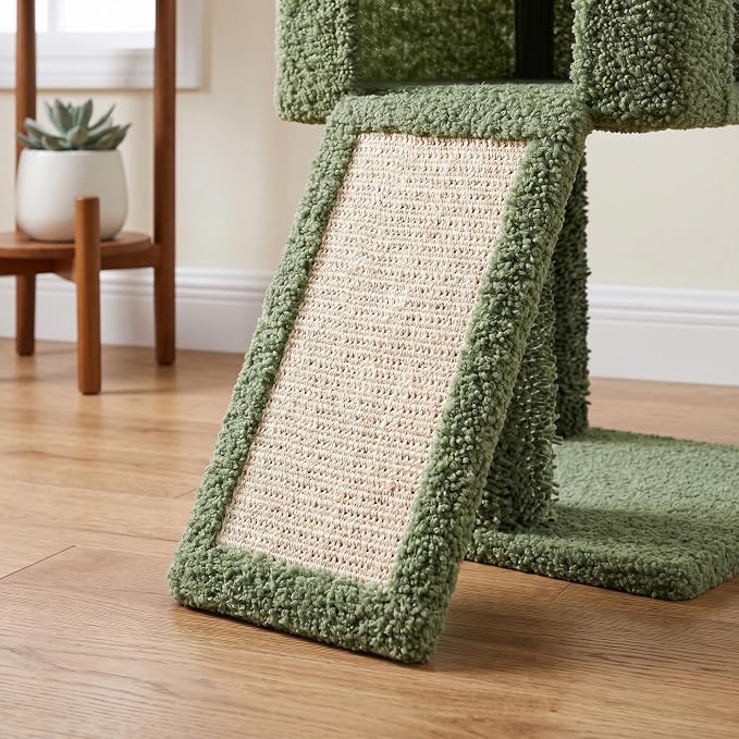 32" Cactus Cat Tree for Indoor Cats, 2-in-1 Cat House with Sisal Scratching Post & Ramp, 2-Level Cat Tower with Rotatable Feather & Ball Toys, Stable Cat Condo for Small/Medium Cats, Green