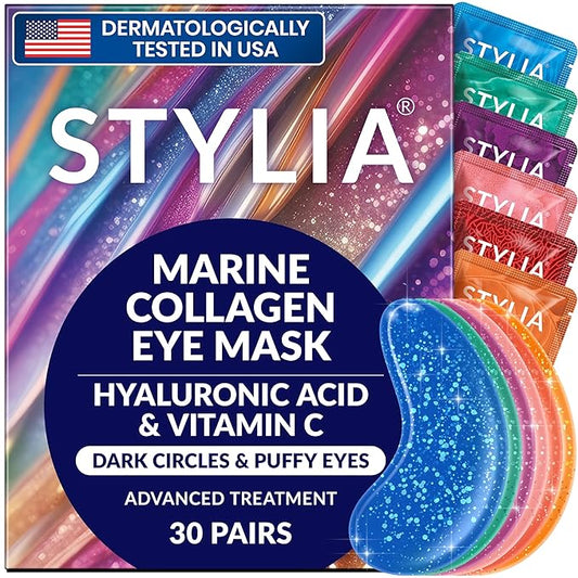 Stylia Collagen & Vitamin C Under Eye Patches for Puffy Eyes & Dark Circles - Depuffing, Hydrating & Firming Under Eye Mask with Hyaluronic Acid - Vegan, Cruelty-Free Skincare (30 Pairs)