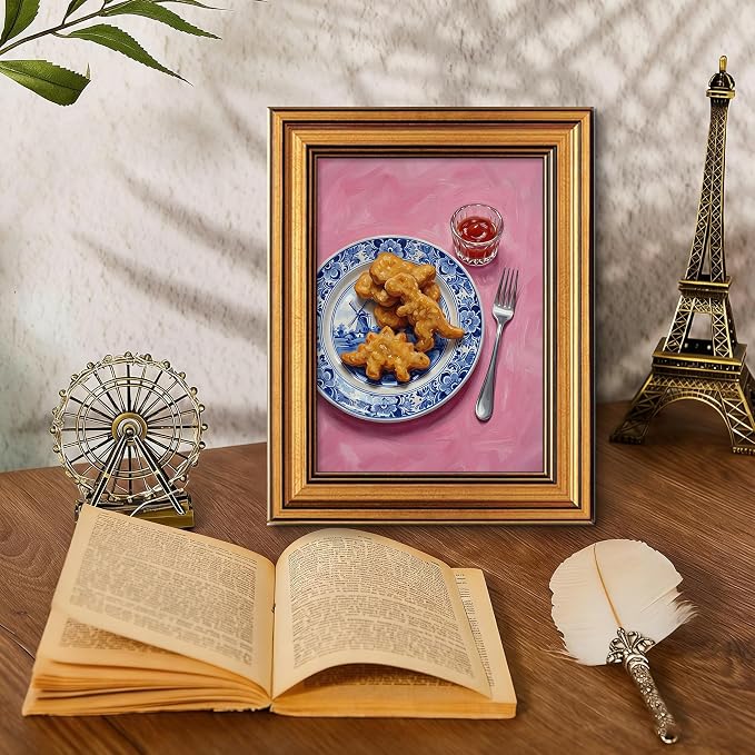 Vintage Whimsical Gold Framed Canvas Wall Art Funny Pop Food Wall Decor Art | Dino Chicken Nuggets Pictures Blue White Delft Canvas Art Pink Dopamine Small Framed Prints Artwork Shelf Bar Dining Gallery