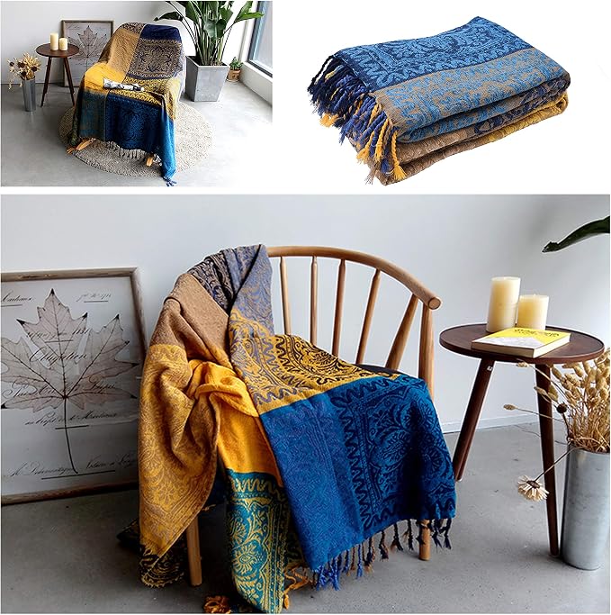 Bohemian Throw Blanket for Couch，Colorful Chenille Tassels Boho Woven Hippie Throw Blankets for Couch Bed Sofa Chair Recliner Loveseat , Bohemian Fringe Tassels Decor Home (Blue, Large 86102Inches)