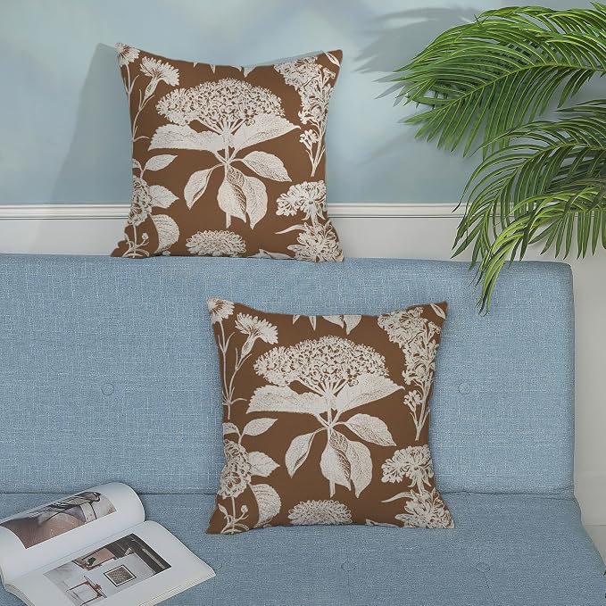 Floral Pillow Covers 18x18 Set of 2 Brown Beige Hydrangea Herbs Botanical Throw Pillow Cover Outdoor Decor Vintage Boho Flower Pillowcase Farmhouse Decorative Cushion Case for Home Couch Sofa