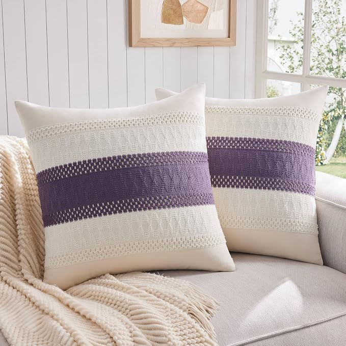 2 Pack Boho Throw Pillow Covers, Contrast Purple 24x24in | Soft Breathable Cotton, Farmhouse Decorative Couch Pillow Cases, Cushion Covers for Sofa Bed Living Room Home Decor