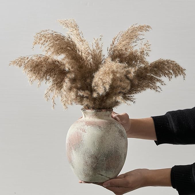 SIDUCAL Ceramic Decorative Flower Vase | 7.48 Inch Pottery Rustic Farmhouse Boho Vase for Home Decor, Table, Living Room, Bathroom, Coffee Desk, Shelf, Mantel Decoration, Wedding, Terra