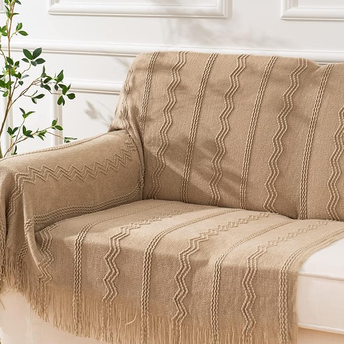 BATTILO HOME Tan Throw Blanket for Couch, 50"x60" | Taupe Throw Blanket for Home Decor, Lightweight Decorative Knit Throw Blanket