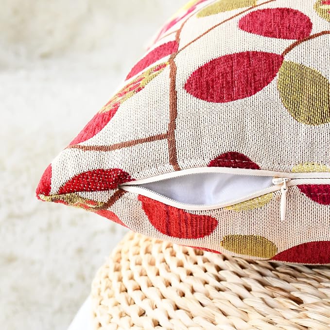 CaliTime Fall Decorative Throw Pillow Covers 16 X 16 Inches Ecru Red | Luxury Chenille Cute Leaves Cushion Case Shell for Couch Sofa Bed Living Room Home