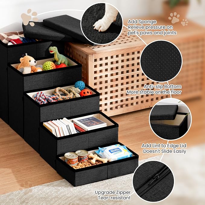 Love's cabin Dog Stairs for High Bed, Foldable Pet Stairs for Small Medium or Large Dogs Puppy with Storage for Bed or Couch, Cat Dog Steps Ramp with Zip up to 200 lbs, Black, 5 Steps
