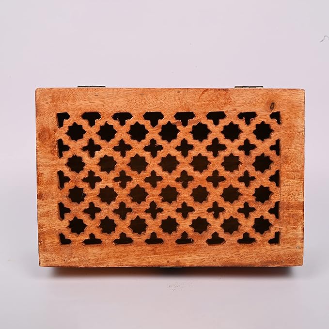 Mango Wood Decorative Wooden Box with Hinged Lid in Jali Carvings Used as Storage Box Christmas Gifts Items (9" x 6" x 3')