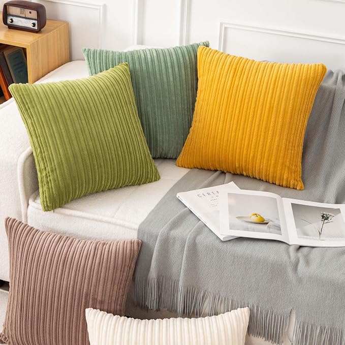 UGASA Decor Soft Solid Velvet Toss Throw Pillow Cover Fashion Striped Decorative Pillow Case Handmade Cushion Cover for Couch, 20x20 inches, 1 Piece, Green