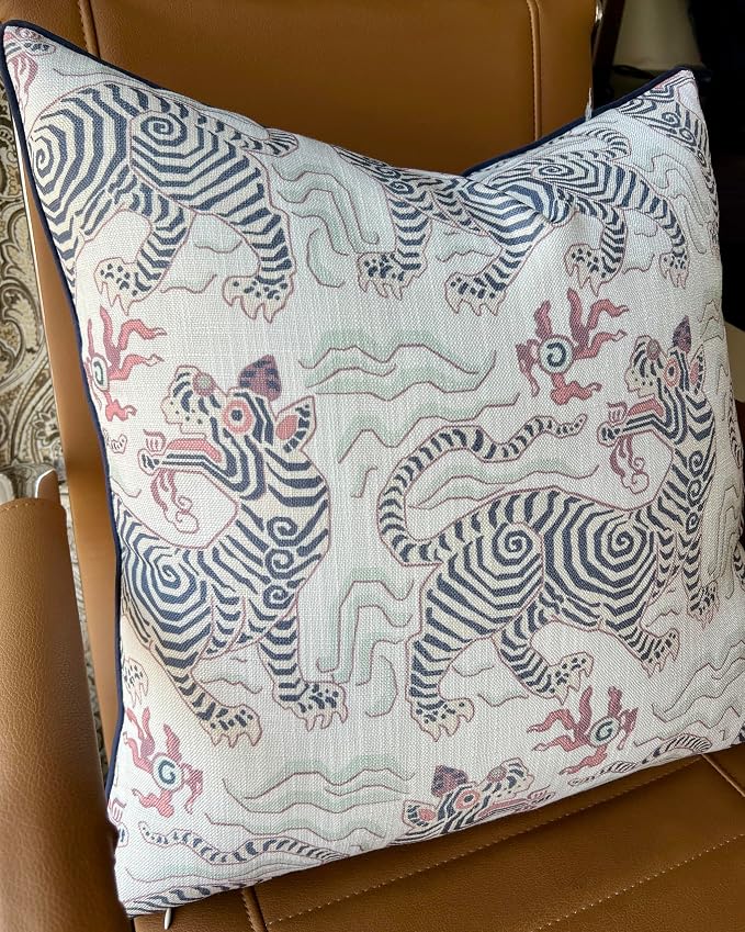 Chinoiserie Tiger Print 20x20 Throw Pillow Cover, Grey | Folk-art chinoiserie tigers on off-white slub, grey piping; both sides printed; hidden z; cover only