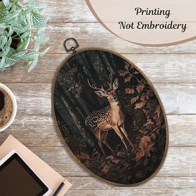 LKETW Vintage Nature Forest Deer Oval Wall Art Decor, Dark Academia Cottagecore Fall Forest Deer Oval Canvas Hanging Decor, Rustic Wild Animal Wall Decorations for Home Bedroom, 8.6x11.4 Inch