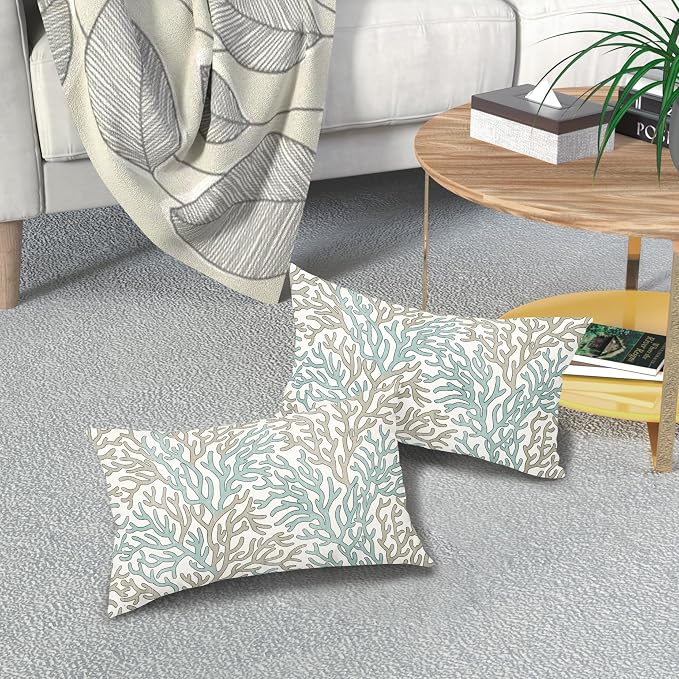 Nautical Coastal Coral Teal Tan White Lumbar Pillow Covers 12x20 Inch Set of 2 Brown Summer Ocean Themed Beach Pillow Cases Outdoor Linen Square Cushion Cover Farmhouse Decor for Home Sofa Couch Bed