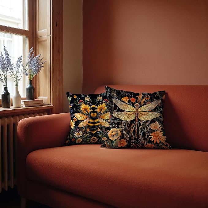 William Morris Inspired Vintage Dark Dragonfly Bee Beetle Pillow Covers 18x18 Set of 3,Insect Gifts for Women,Vintage Cottagecore Floral Botanical Insects Decorative Throw Pillow Covers for Home