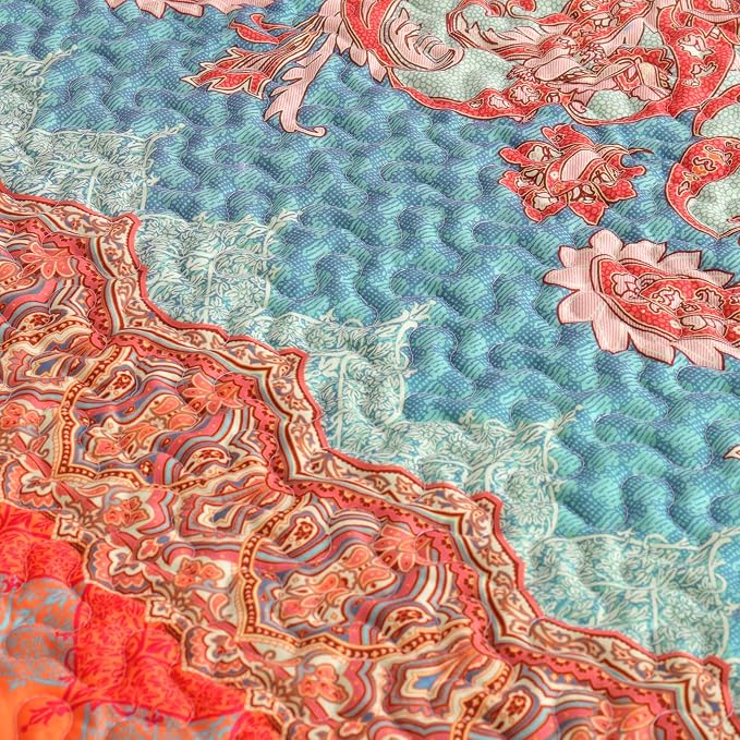 Exclusivo Mezcla Reversible Boho Quilted Throw Blanket, 50"x 60" | Lightweight Summer Quilt Throw, Designed for Bed/ Couch/ Sofa, Teal and Orange Striped Pattern